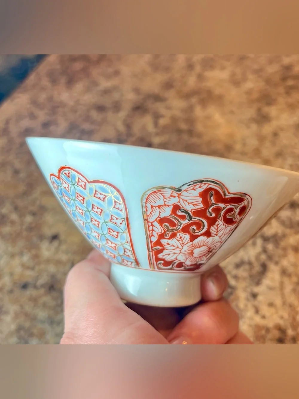 Vintage Porcelain Rice Bowls with Red Floral Panel Design